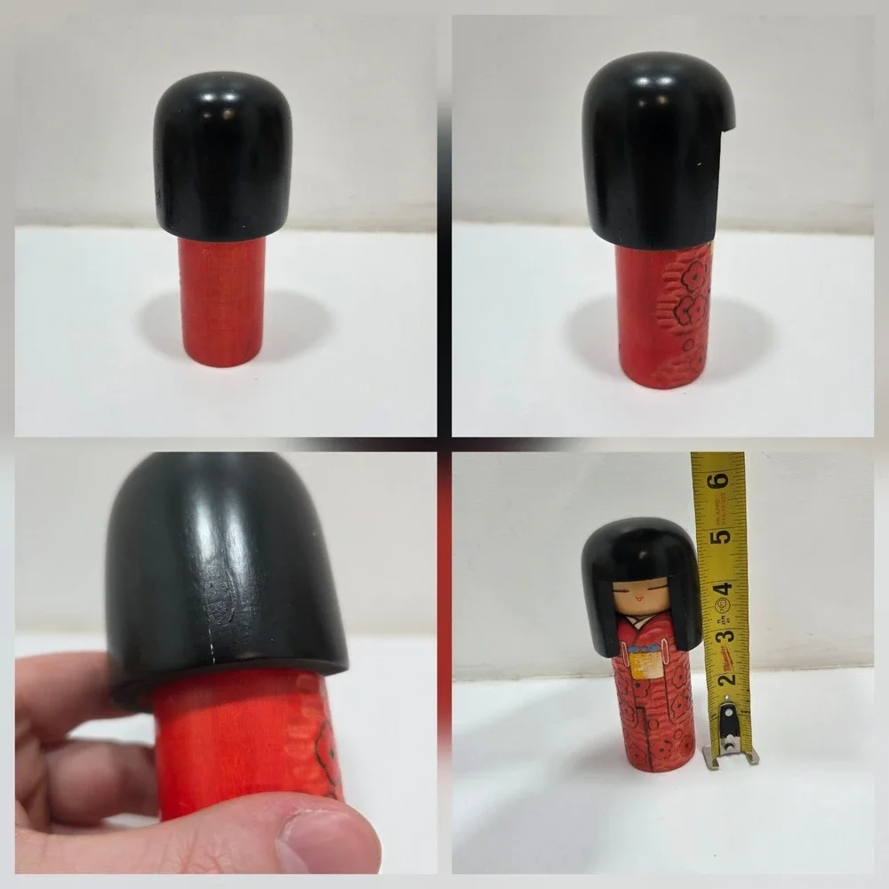 Vintage Japanese Carved Wooden Traditional Girl Kokeshi Doll Black Hair 5